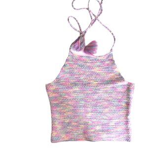Cropped Crochet Top Boho Festival Halter Top Fringe Ties Rainbow Color S, M